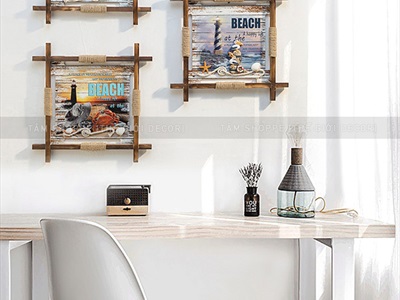 Tranh gỗ vuông X chủ để biển dây thừng retro [Tặng đinh - 45x45cm] TRANHGO-07