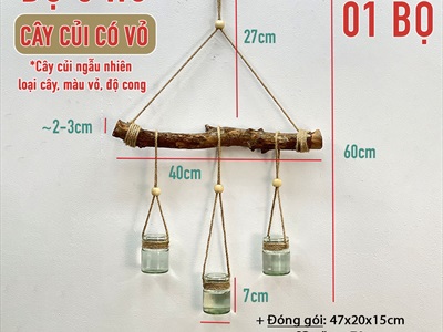 Lọ hoa thuỷ canh treo tường DIY từ cây củi, dây thừng và hủ yến [Có Set tự làm/ Làm sẵn] BINHLOHOA-08