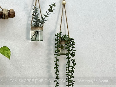 Lọ hoa thuỷ canh treo tường DIY từ cây củi, dây thừng và hủ yến [Có Set tự làm/ Làm sẵn] BINHLOHOA-08