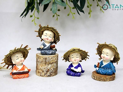 Bộ 04 tượng chú tiểu đội nón cói [2 kiểu/ Cao 7cm] CHUTIEU-05