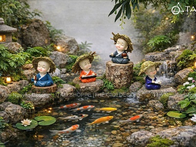 Bộ 04 tượng chú tiểu đội nón cói [2 kiểu/ Cao 7cm] CHUTIEU-05