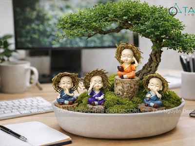 Bộ 04 tượng chú tiểu đội nón cói [2 kiểu/ Cao 7cm] CHUTIEU-05