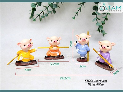 Bộ 4 tượng heo múa võ gậy mini [Dễ thương/ Cao ~7cm] CHUTIEU-08