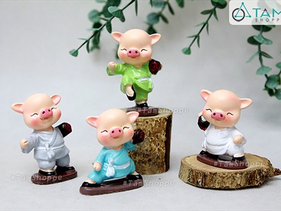 Bộ 4 tượng heo múa võ tuý quyền mini [Dễ thương/ Cao ~7cm] CHUTIEU-09