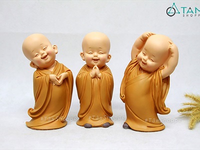 Bộ 03 tượng chú tiểu thả tim dễ thương [2 kích cỡ/ Áo vàng] CHUTIEU-03