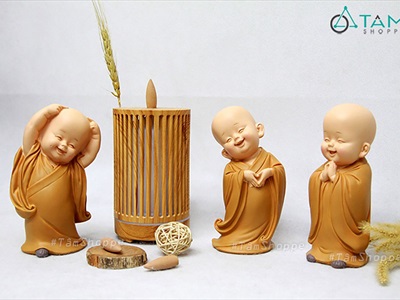 Bộ 03 tượng chú tiểu thả tim dễ thương [2 kích cỡ/ Áo vàng] CHUTIEU-03