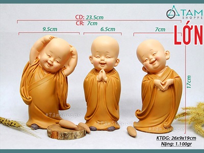 Bộ 03 tượng chú tiểu thả tim dễ thương [2 kích cỡ/ Áo vàng] CHUTIEU-03