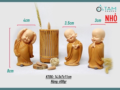 Bộ 03 tượng chú tiểu thả tim dễ thương [2 kích cỡ/ Áo vàng] CHUTIEU-03