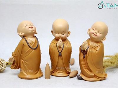 Bộ 03 tượng chú tiểu vui vẻ - tĩnh tâm - hoan hỷ [Cao 13.5cm/ Áo vàng] CHUTIEU-02