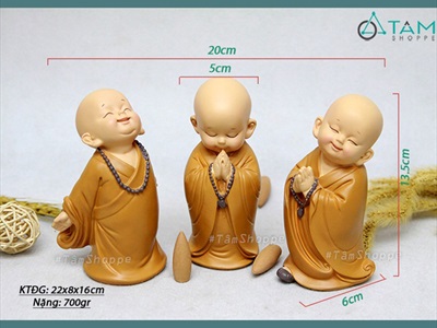 Bộ 03 tượng chú tiểu vui vẻ - tĩnh tâm - hoan hỷ [Cao 13.5cm/ Áo vàng] CHUTIEU-02