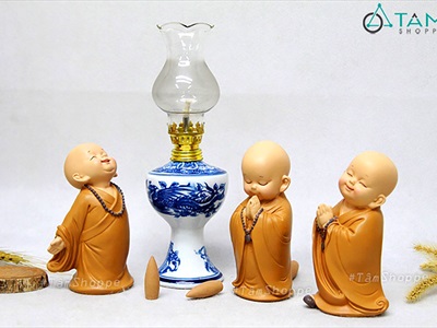 Bộ 03 tượng chú tiểu vui vẻ - tĩnh tâm - hoan hỷ [Cao 13.5cm/ Áo vàng] CHUTIEU-02