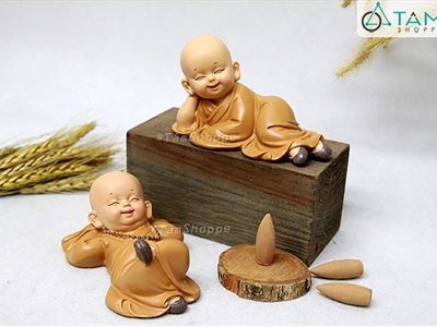 Bộ 02 tượng chú tiểu nằm ngủ [Cỡ trung/ Áo vàng] CHUTIEU-01