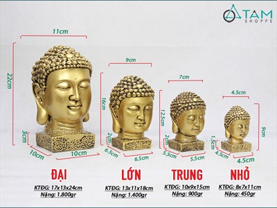 Đầu tượng Phật màu vàng đồng nhiều cỡ [Cao 9-22cm/ Giả cổ] TUONGPHAT-04