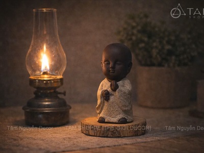 Tượng chú tiểu gốm nâu mini [Trầm ấm/ Cao 8cm] CHUTIEU-06