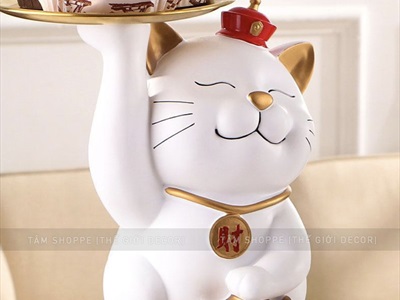 Tượng mèo thần tài nâng dĩa màu trắng [Sắc sảo - Dĩa kim loại] TCV-MEO-02