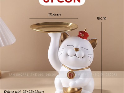 Tượng mèo thần tài nâng dĩa màu trắng [Sắc sảo - Dĩa kim loại] TCV-MEO-02